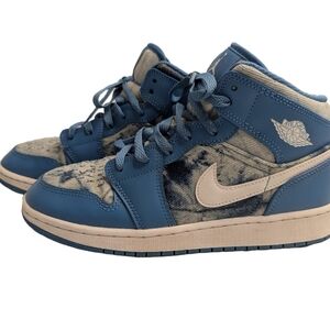Nike Air Jordan 1 Mid Washed Denim Shoes Sneakers Blue White Youth Size 6.5